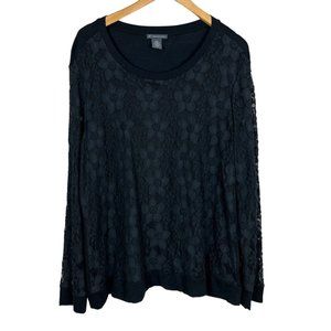 Adrianna Papell Top‎ Womens XXL Black Lace Floral Long Sheer Sleeve Knit